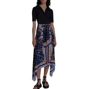 Maje Raprichaine Mixed Media Blue Black Assymetrical Maxi Dress size 38